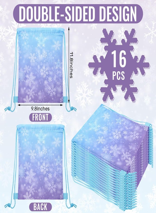 ReliThick 16 Pcs Snowflake Party Favor Gift Bags Blue and Purple Drawstring Backpack Snowflake Treat Goodie Bags for Winter Holiday Birthday Party Supplies - Image 2